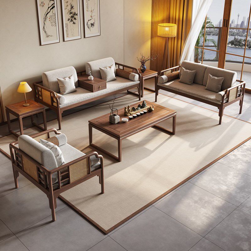 新中式北美黑胡桃木沙发组合侘寂风冬夏两用办公室中古风编藤家具