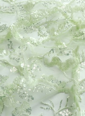 重工水绿色钉珠亮片刺绣蕾丝布料婚纱辅料礼服连衣裙旗袍面料