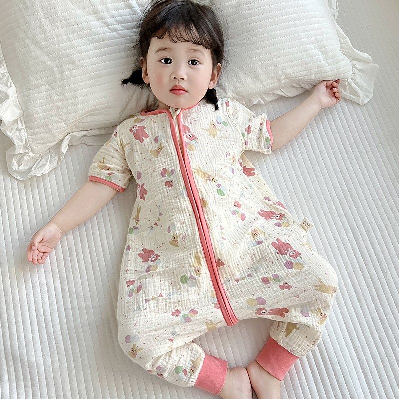 宝宝睡袋夏纯棉透气分腿儿童连体睡衣男女童纱布薄短袖婴儿防踢被