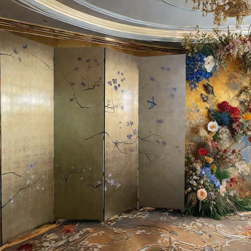 中古手绘金箔屏风漆画藤花花鸟客厅卧室隔断遮挡茶室玄关背景折屏