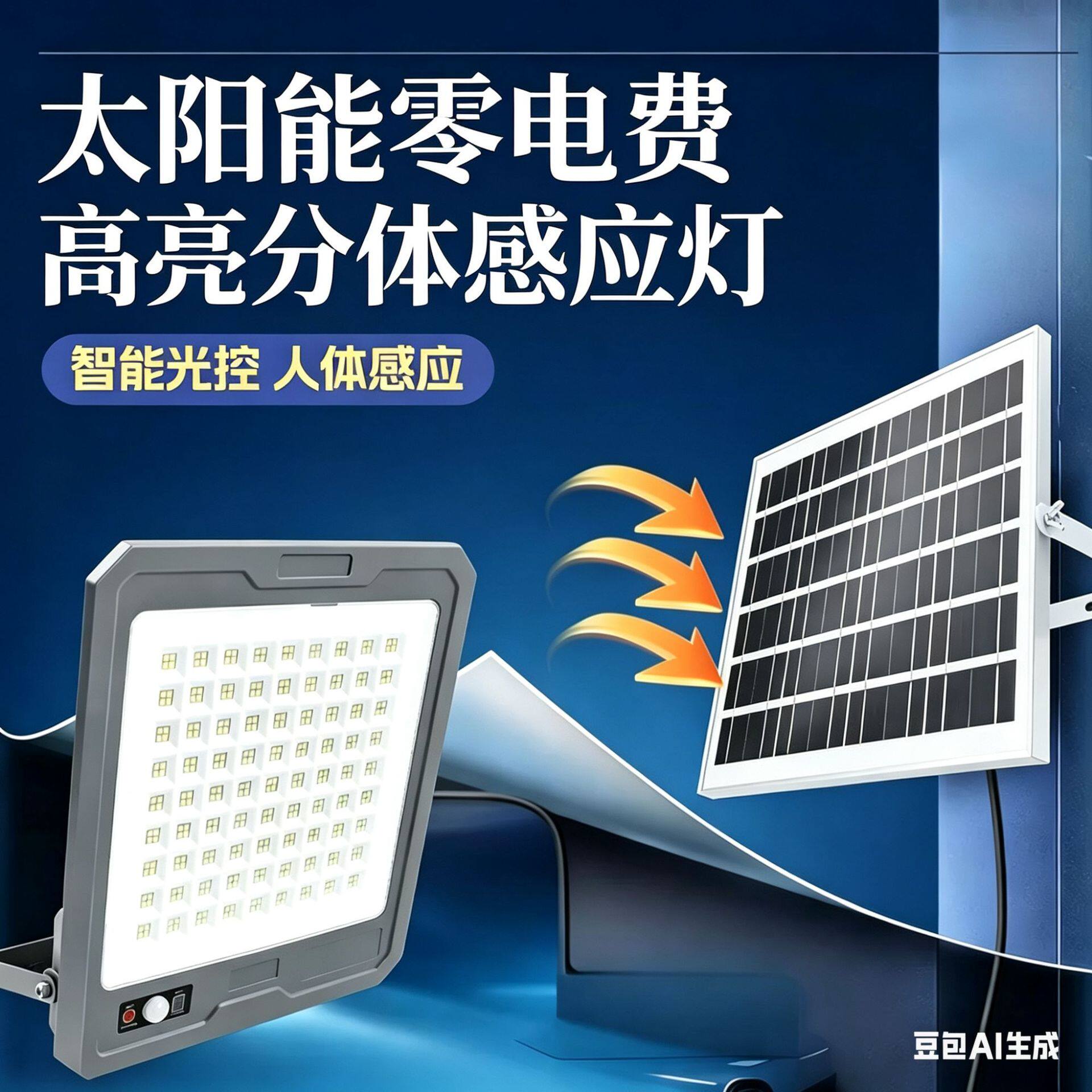 跨境新款太阳能投光灯LED高亮车库照明灯分体感应式多功能花园灯