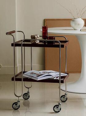 日式复古实木小推架车客不OZP锈钢奢餐车家用网轻红厅置物可移动