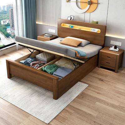 1.2米实TOW木床1气.35人动气压高箱单储物1.5开收纳箱体1侧m一二