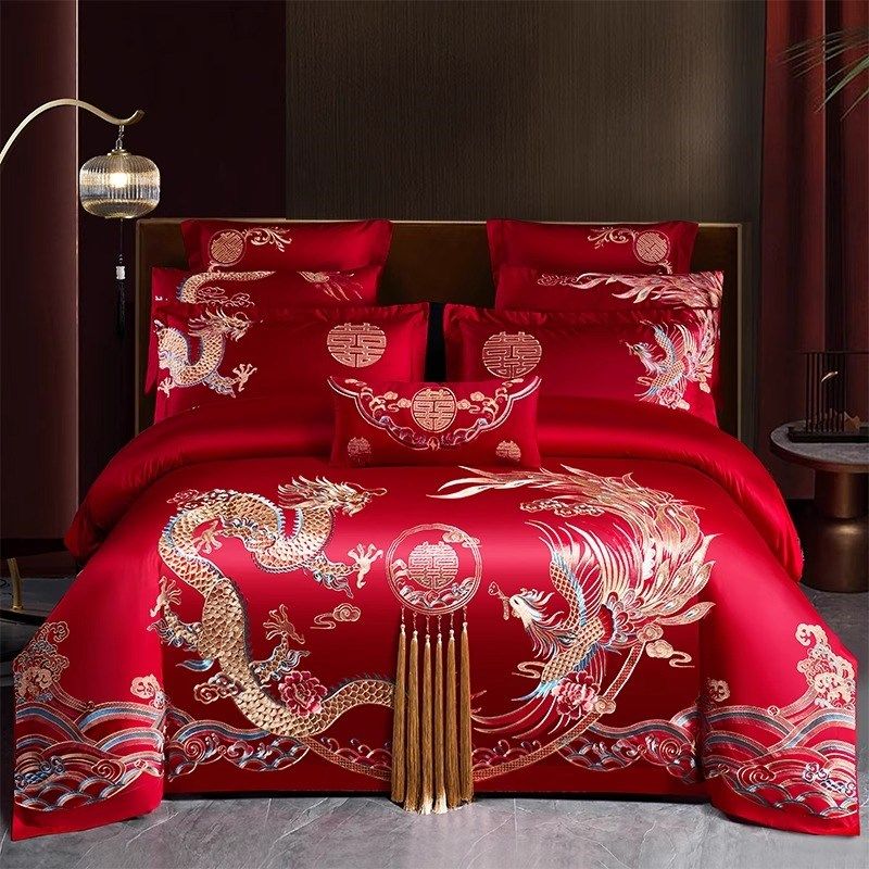 高档龙凤刺绣结婚四件套红色婚房陪嫁被套纯棉婚庆床上用品六件套