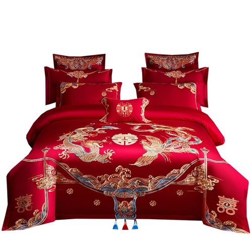 婚庆全棉四件套大红刺绣结婚龙凤套件纯棉送被子芯新婚房床上用品