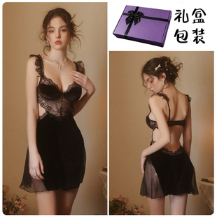 纯欲丝绒吊带睡裙性感蕾丝镂空露背家居服套装 秘笺「礼盒装 」法式