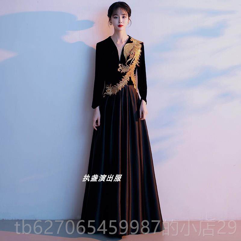 高档色表黑演服国装优雅优雅的成人妇女长裙0225新中风主办合唱比
