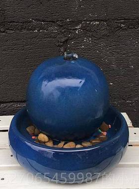 高档欧式陶瓷喷泉流客水加湿蓝色摆件家居厅桌面器创水景工艺意品