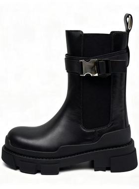 英伦风搭扣厚底 高级感加毛中筒靴~3948-01~货号A955