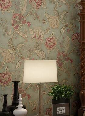墙布美式乡村大花无WVU缝斑驳餐客奢厅红色定厅轻制壁布卧室房间