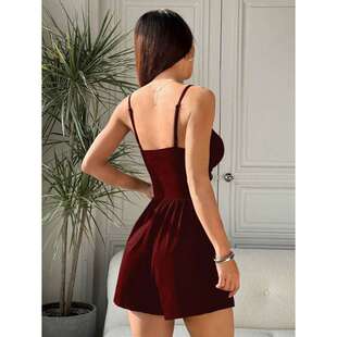 连身裤 黑色无袖 休闲可调节肩带褶皱设计 Bodysuits Jumpsuits