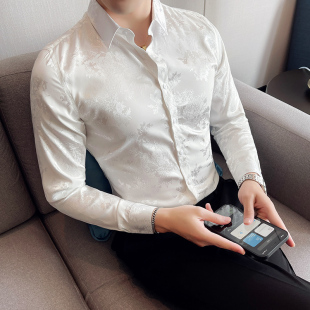 花衬衫男新款休闲暗花纹长袖衬衣韩版潮流修身长袖寸衫上衣青少年