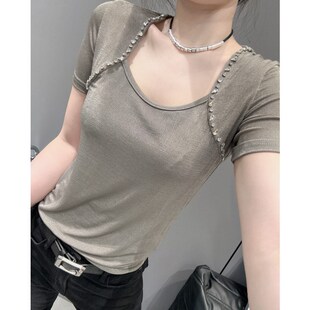 夏天新款欧货钉珠U领短袖t恤女设计感洋气修身显瘦大领口上衣半袖