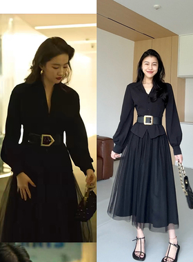 张阿星【格调】法式赫本大腰带收腰衬衫网纱拼接半身裙W424A11249