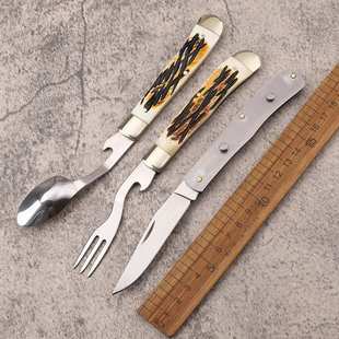 新款440C钢多功能牛角手柄便携户外露营折叠钓鱼口袋EDC工具刀