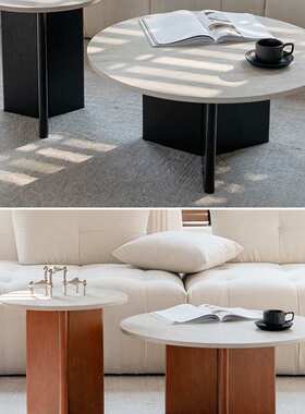 舒梵双子茶几/洞石岩板耐造/简约黑色/中古柚木色大小圆茶几组合