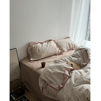 列维坦的九月/小法式米棕密拷边细条水洗棉床单四件套全棉床笠