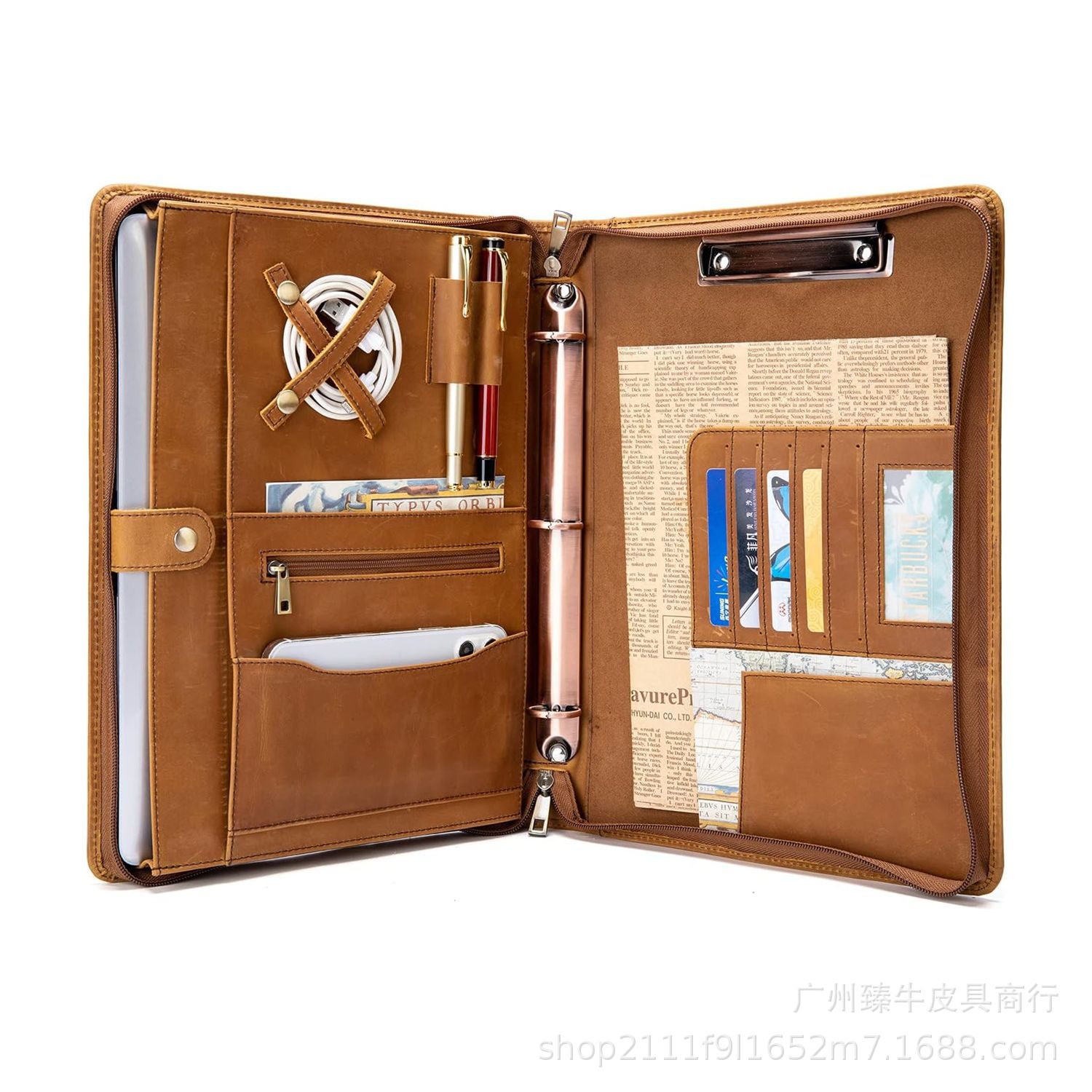 疯马皮A4多功能拉链活页文件夹