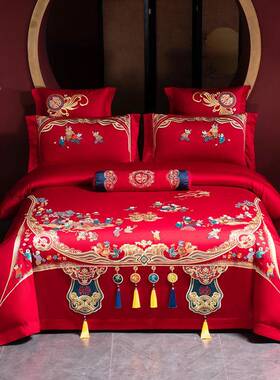 高QZA端嫁刺绣龙新凤婚件套四中式结婚大红色陪嫁全棉多件套婚庆