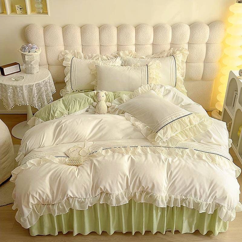 2025裙新款水洗棉fuu百QBN褶蕾丝床四件套带花边柔软年舒适f纯色