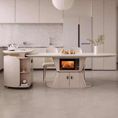 法式岩板岛NBF餐一体可板伸缩家用奶油风电磁炉桌小户型白色岩台