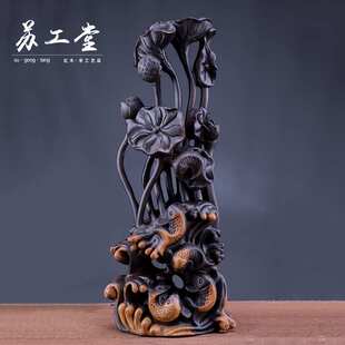 创意非洲黑檀木连年有余摆件莲花莲蓬木雕室内客厅办公工艺品摆设