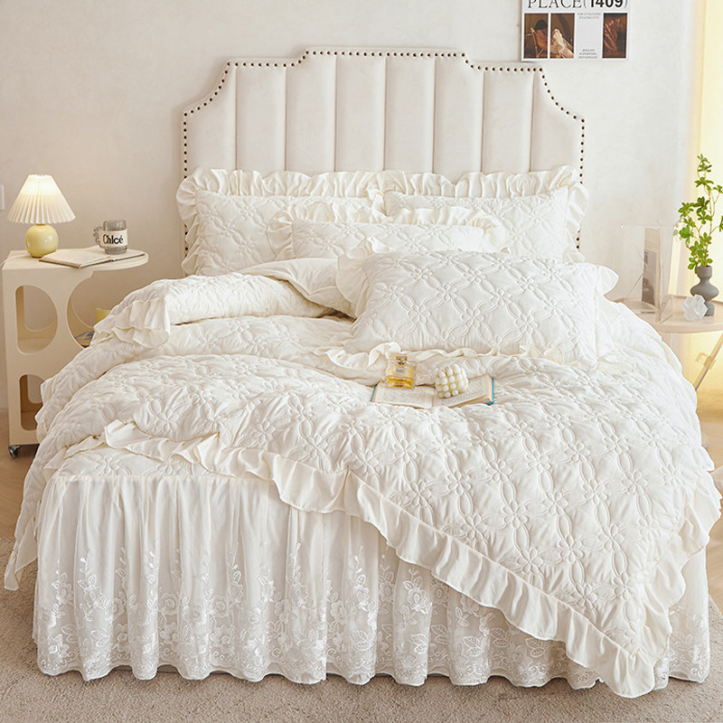 春夏新款床裙式四件套a类大豆全夹棉高级感刺绣花边被套四季通用,床上用品,床品套件/四件套/多件套,淘宝优惠券,粉丝福利购,淘宝优惠卷