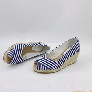 色妈红 休女鞋 高档欧美田鱼园草编坡跟凉鞋 女一脚蹬闲交叉布面嘴鞋