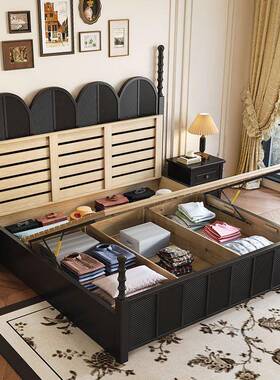 古风木HTZ床法主卧1.5复黑色1.8现古代美式简式公约主婚床