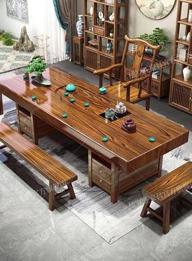 CAQ整高端茶桌一一套体大板实木茶桌椅组茶合桌五椅几家用泡茶桌