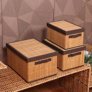 D编家居竹编收纳筐织有盖收箱竹筐编收纳盒纳筐子藤衣服收 83A