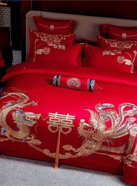 新中式龙凤刺绣全棉四婚四件套6865876H大红色新婚床上品庆纯棉结