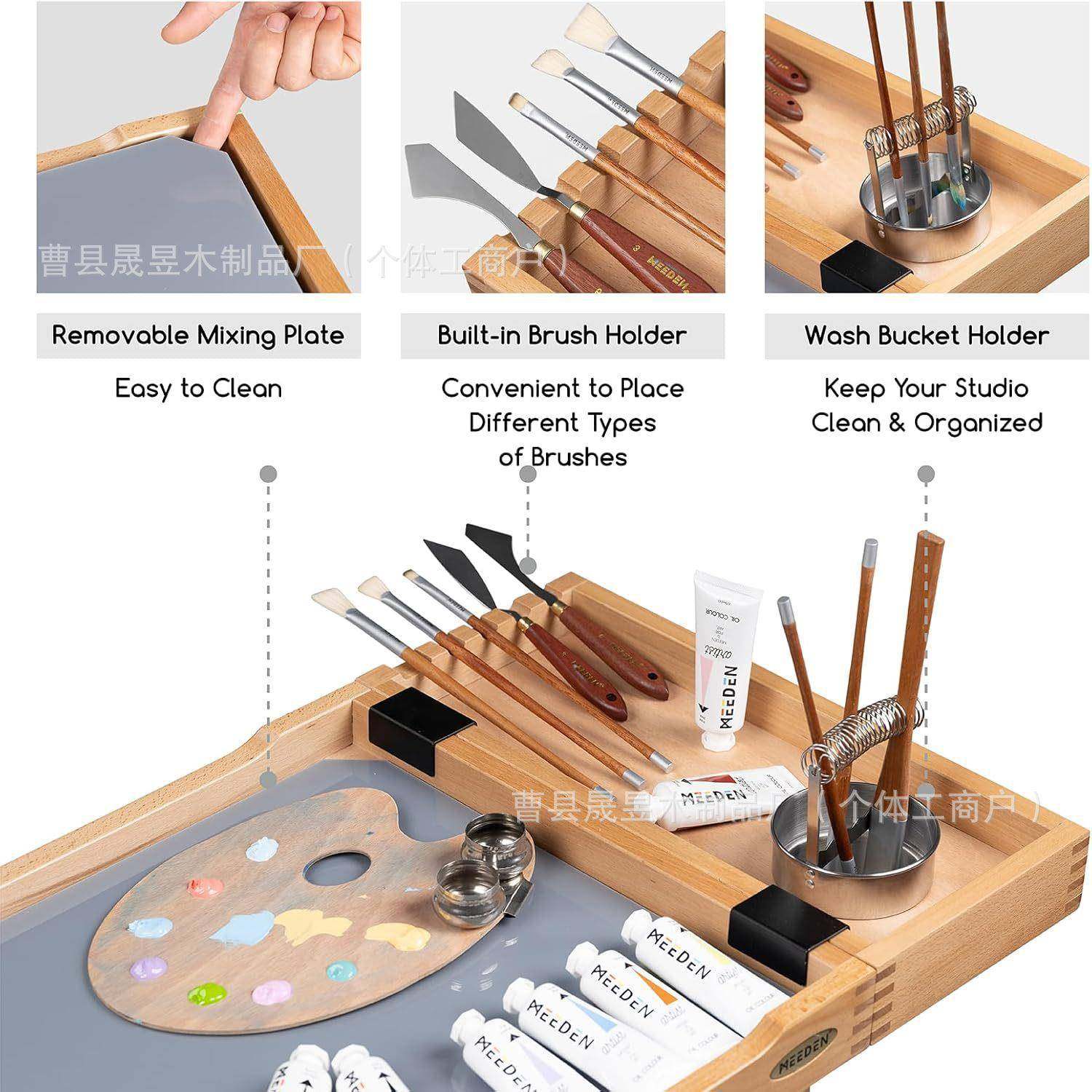 多用木制画美术生油画画车工具车移动具收纳架推三层-车颜料置物