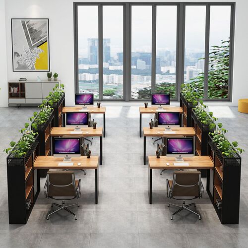 现代简约实木办公桌公司职员单人台式电脑桌创意带隔断书架工位桌