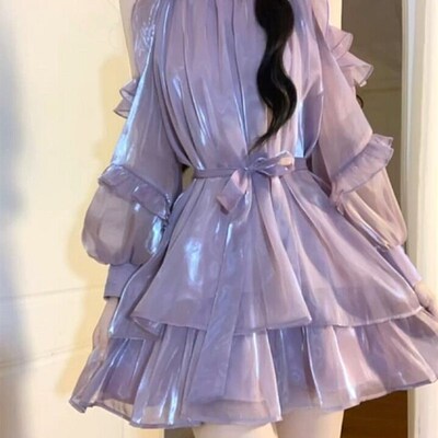 富家千金气质法式缎面高级感露肩挂脖连衣裙女宽松长袖仙女蓬蓬裙