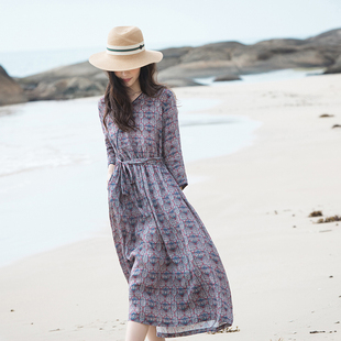 连衣裙2021春夏苎麻裙子仙女超仙森系女文艺显瘦紫色棉麻v领长裙
