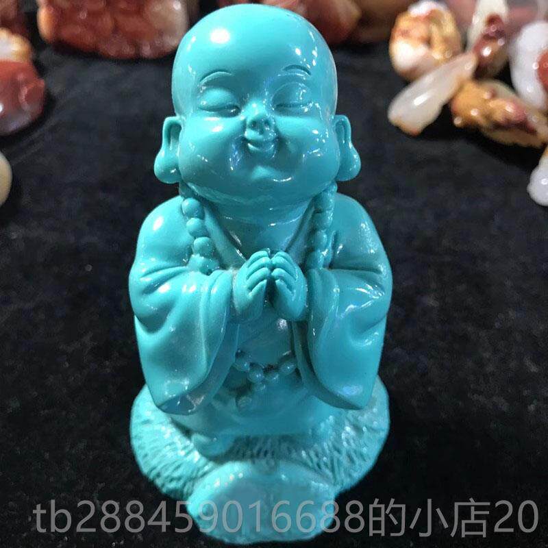 高档然绿松石祝佛意笑面童子佛福摆件家如居商铺陈设仿玉天石水晶