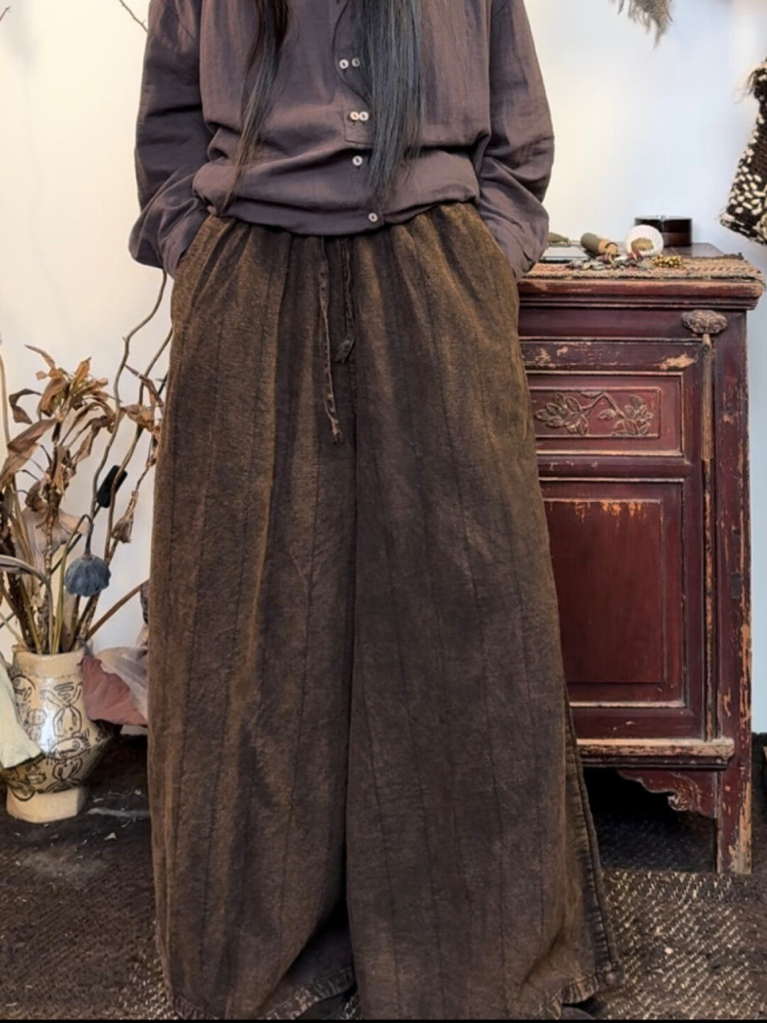 不在-亚麻双层 炒色做旧 暗条纹 宽松夹棉保暖阔腿裤 松紧腰抽绳,女装/女士精品,裤子,淘宝优惠券,粉丝福利购,淘宝优惠卷