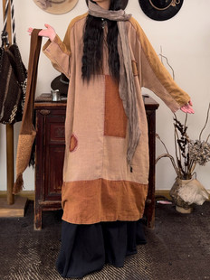 不在 亚麻炒色做旧艾草橙色拼布手工缝线袍子