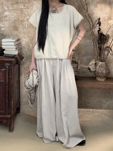 亚麻手工缝线短袖 上衣两色