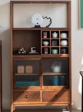 新中式阳台黑置胡桃木茶柜客厅PIO物架实木餐柜边柜榆茶水木茶室