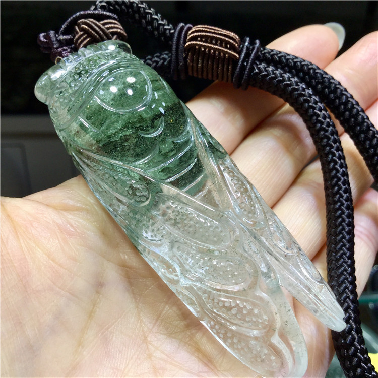 东海水晶天然绿灵星光聚宝盆天然俏色绿幽知了手把件把玩件
