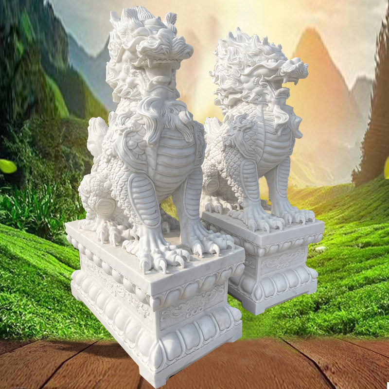 石雕麒麟 汉白玉雕刻麒麟大理石麒麟貔貅一对公司庭院门口摆件