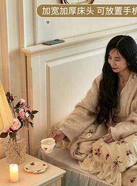 美卧式白色全实木床核桃木原木主双1.5m奶风油1米8人ANM婚床卧室