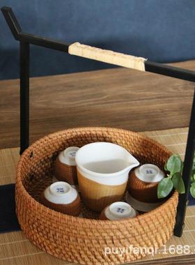 QWC南秋藤手携编织铁越艺竹把手小号提篮日式工便野餐收纳盒