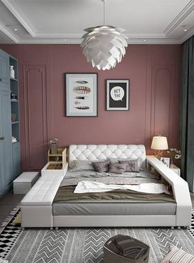 现代简约梳一妆台榻榻米主卧双人床式轻奢床柜体1.8米皮美艺YHZ床