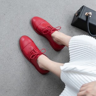 春新款真皮女鞋红色皮鞋本命年女式平跟单鞋系带英伦风黄色小皮鞋