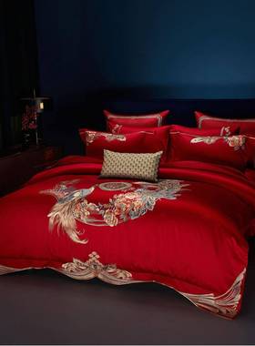 红色中式四件0套花卉绒刺绣富贵花开10支长棉婚DM1087庆用品婚嫁