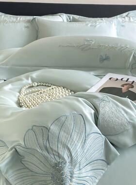 轻奢夏季感冰丝四件套水洗天丝床凉21460刺丝滑裸单睡床笠款绣被