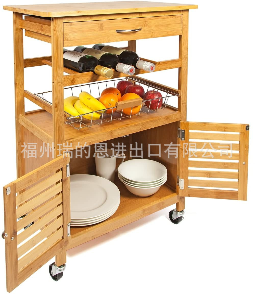 欧美跨境厂家直供竹制厨房移动餐车带储物柜带酒架带铁篮抽屉移动